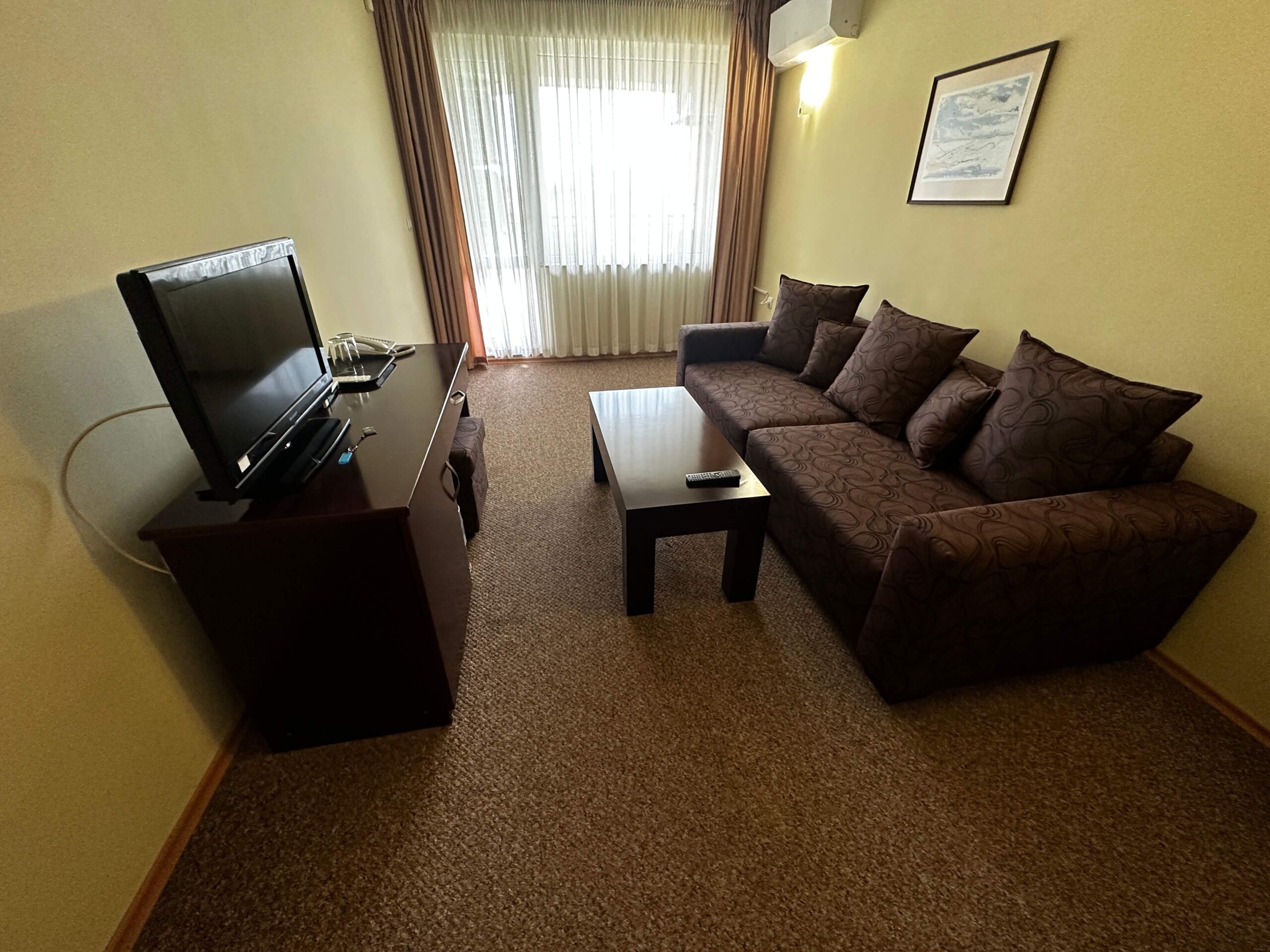 Апартамент – хол с диван и телевизор Хол с диван, масичка и телевизор в апартамент на Хотел Divesta